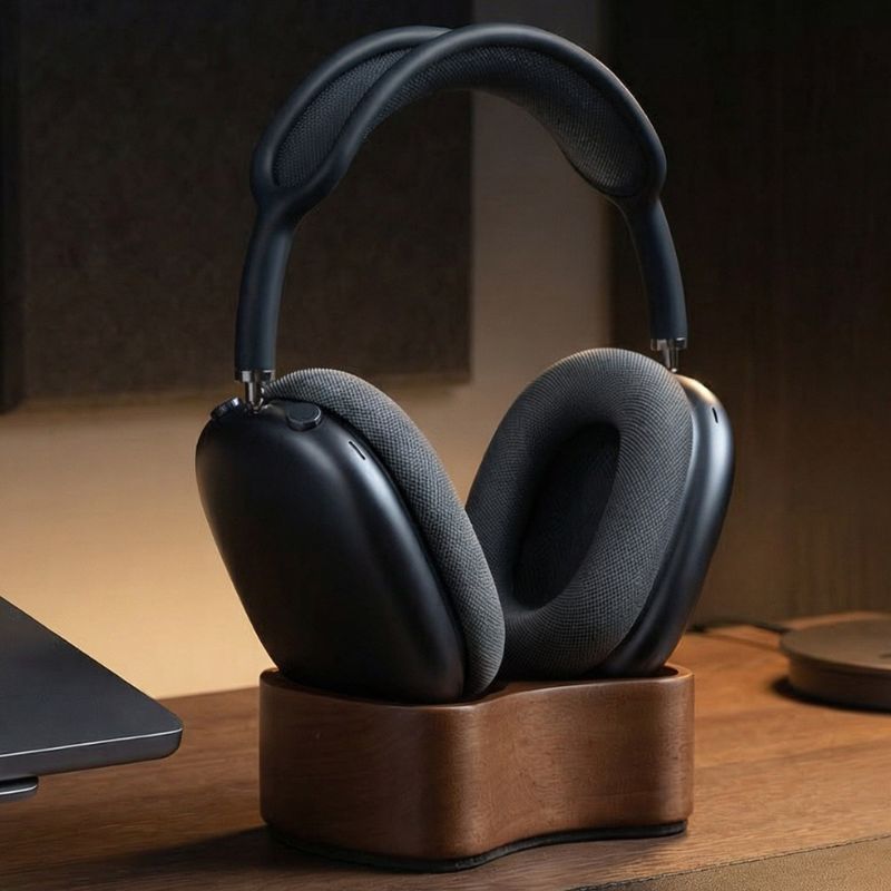 Black headphones on a wooden stand with a blurred background