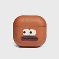 Top lid with nano adhesive for secure closure Brown textured airpod case with cartoon face design on a white background
