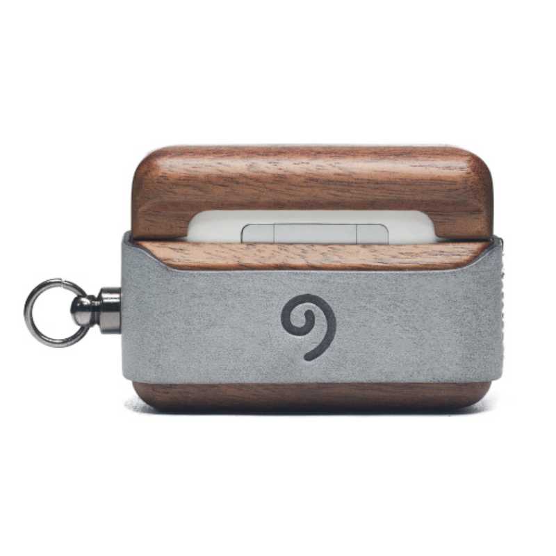 Cute Doggy AirPods Pro Case Wood Walnut Leather iwoodstore Wooden and gray case with keychain on a white background