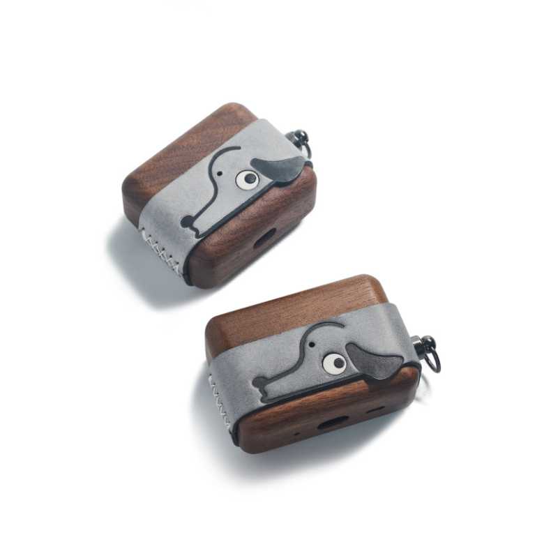 Cute Doggy AirPods Pro Case Wood Walnut Leather iwoodstore Two wooden cases with gray accents and animal illustrations on a white background