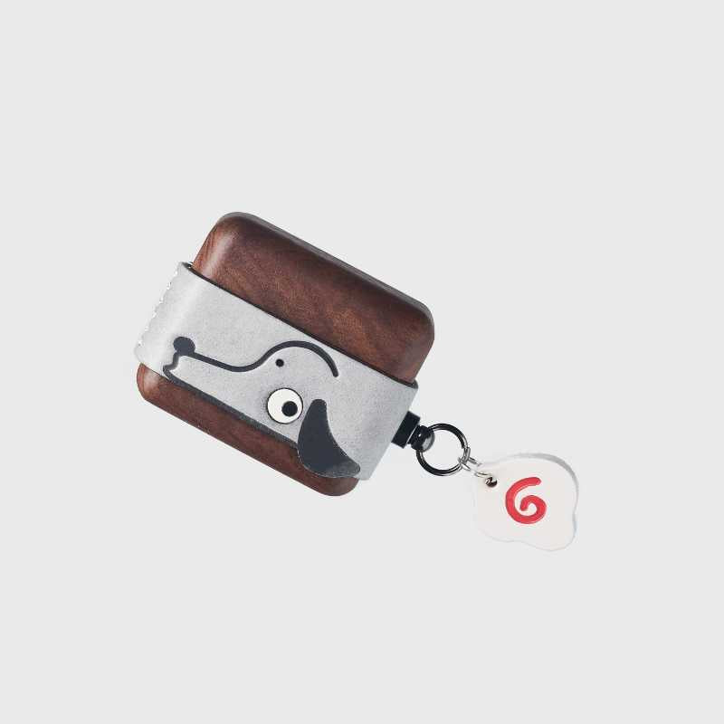 Cute Doggy AirPods Pro Case Wood Walnut Leather iwoodstore Wooden and gray case with dog design on a white background