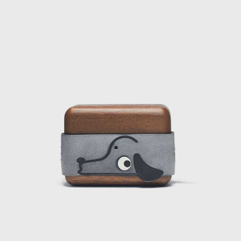 Cute Doggy AirPods Pro Case Wood Walnut Leather iwoodstore Wooden and gray case with dog design on a white background
