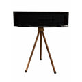 JBL L75MS Stand Holder Wood Tripod - iWoodStore Black speaker on a wooden tripod stand against a white background