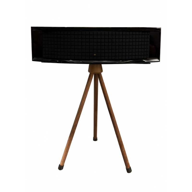 JBL L75MS Stand Holder Wood Tripod - iWoodStore Black speaker on a wooden tripod stand against a white background