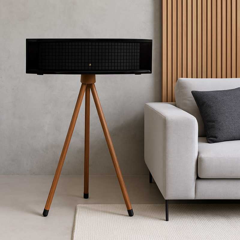 JBL L75MS Stand Holder Wood Tripod - iWoodStore Black speaker on a wooden tripod stand against a white background