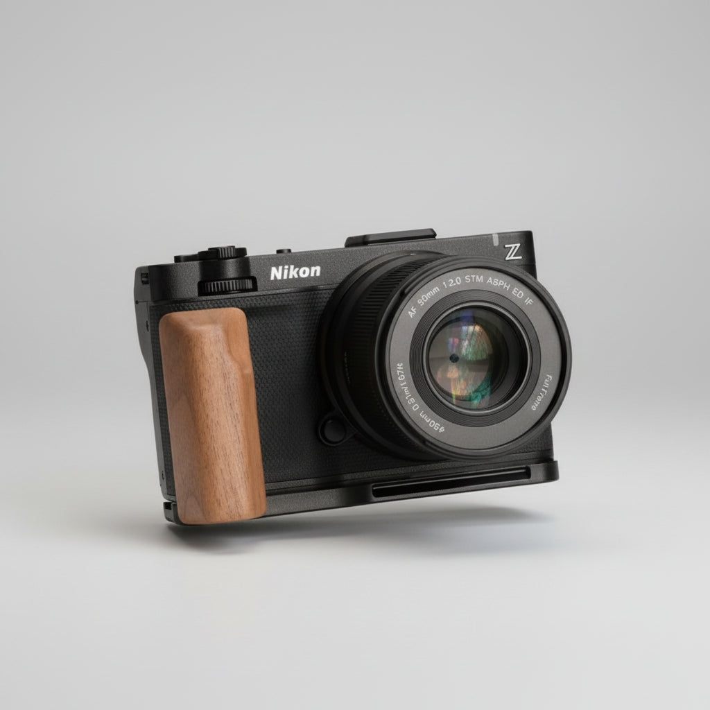 Nikon ZR Ergonomic Wood Grip (Arca-Swiss L-Plate) MS Design Nikon camera with wooden grip on a dark background