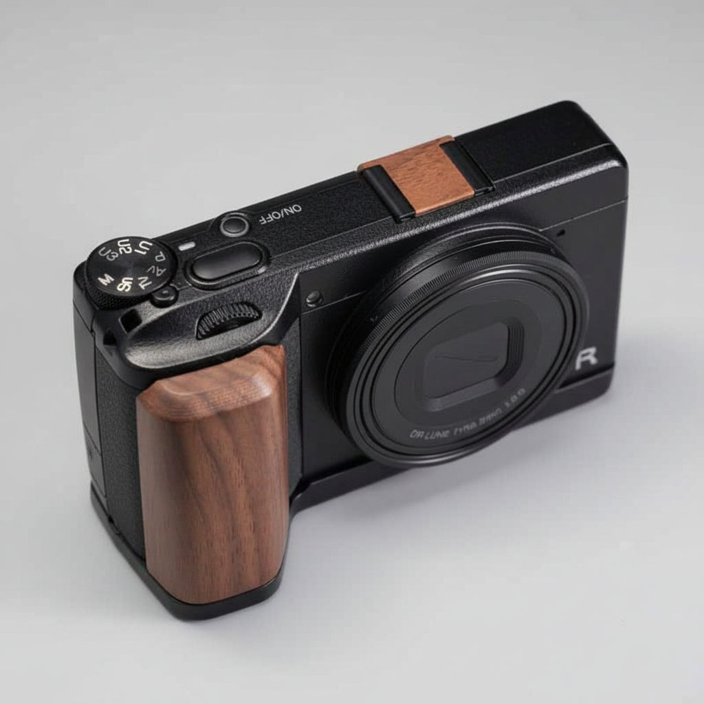Ricoh GR4 Hotshoe Cover Wood iWoodStore Camera with wooden grip on a dark textured background