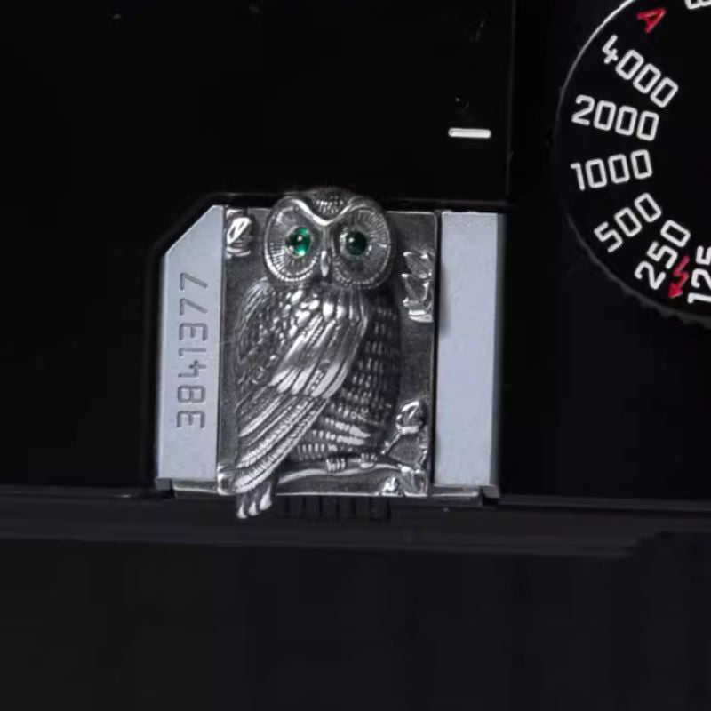 S925 Sterling Silver "Owl" Shutter Button & Hot Shoe Cover Set – Handmade for Fujifilm, Leica, & More