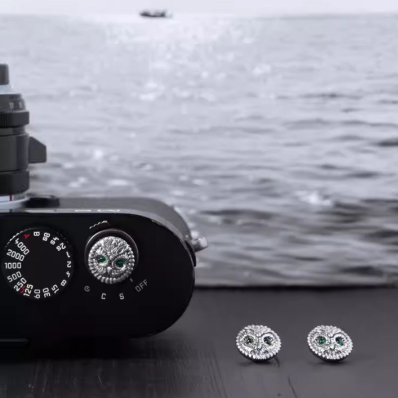 S925 Sterling Silver "Owl" Shutter Button & Hot Shoe Cover Set – Handmade for Fujifilm, Leica, & More