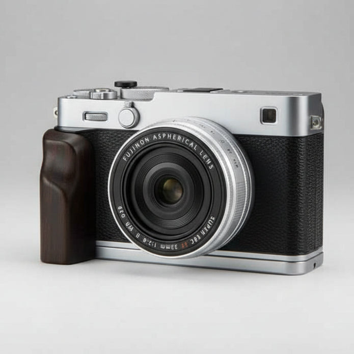 Camera with wooden grip on a dark background