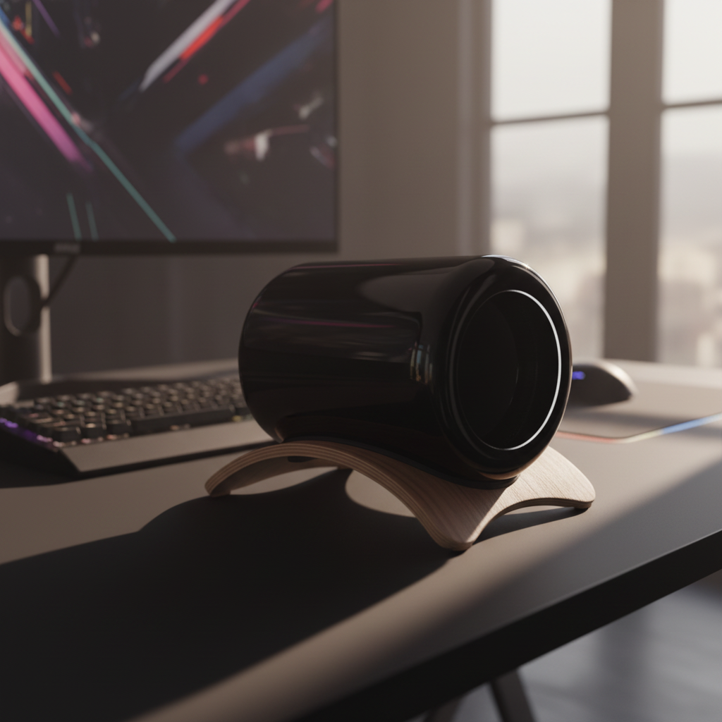 Black Mac Pro on a wooden stand against a white background