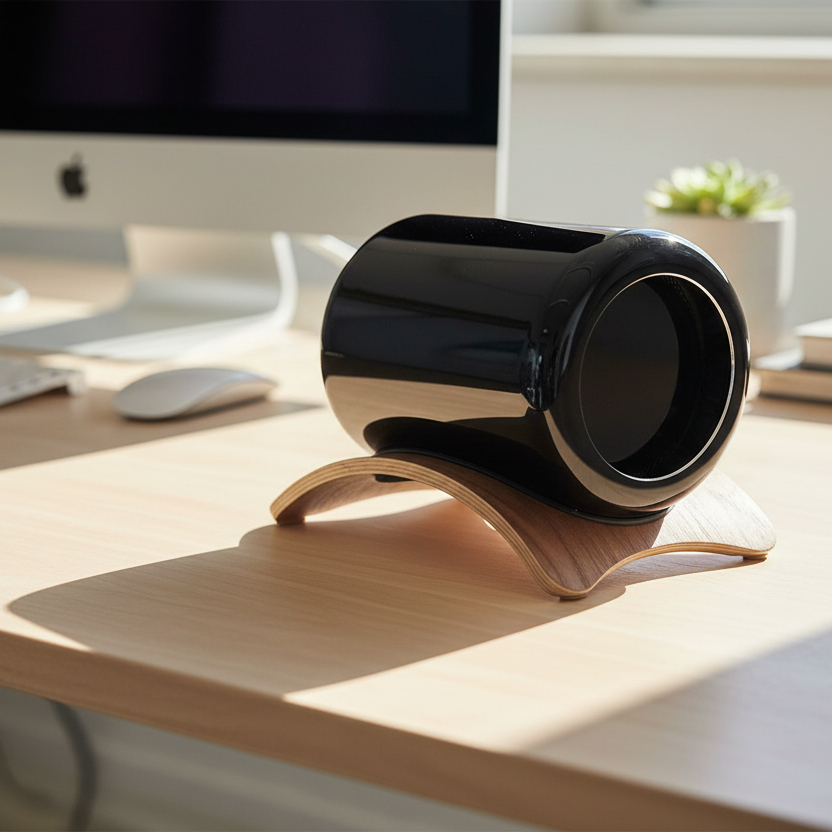 Black Mac Pro on a wooden stand against a white background