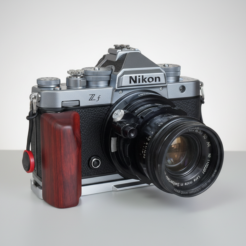 Nikon zf camera with wooden grip on a wooden surface iwoodstore