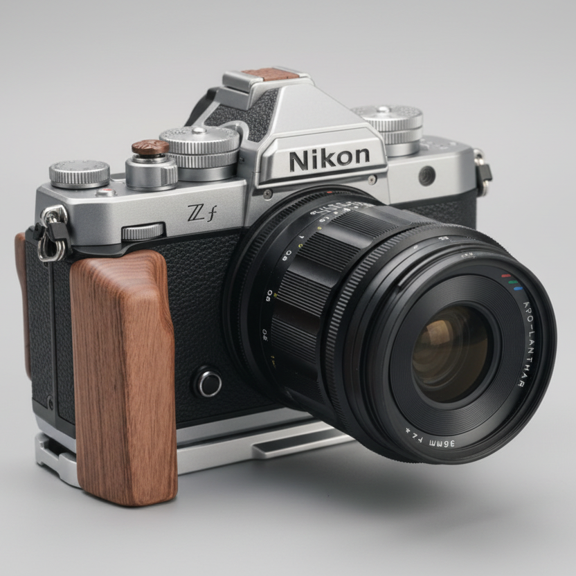 Nikon zf camera with wooden grip silver base on a wooden surface